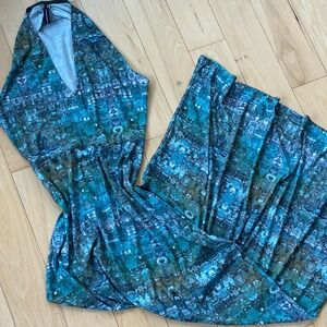 Viereck Boho Blue Green Abstract Maxi Dress Halter Neck Fitted Microfiber -Small